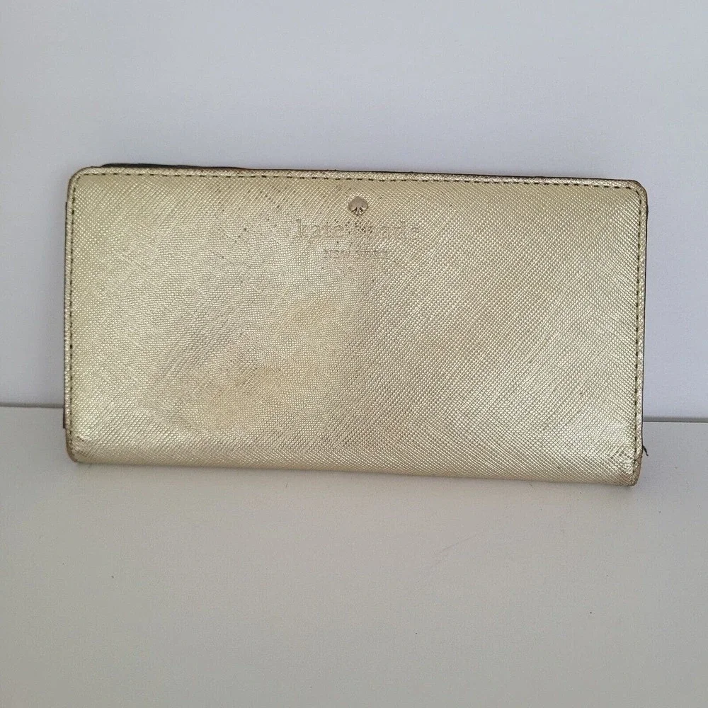 Kate Spade Clutch Wallet Gold Champaign Metalic Saffiano Logo Large Bifold Fair